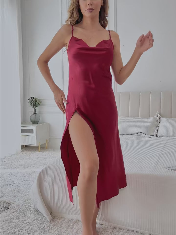 Women's Elegant Solid Satin Nightdress Slim Strap High Slit Lightweight Luxurious Loungewear