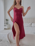 Women's Elegant Solid Satin Nightdress Slim Strap High Slit Lightweight Luxurious Loungewear