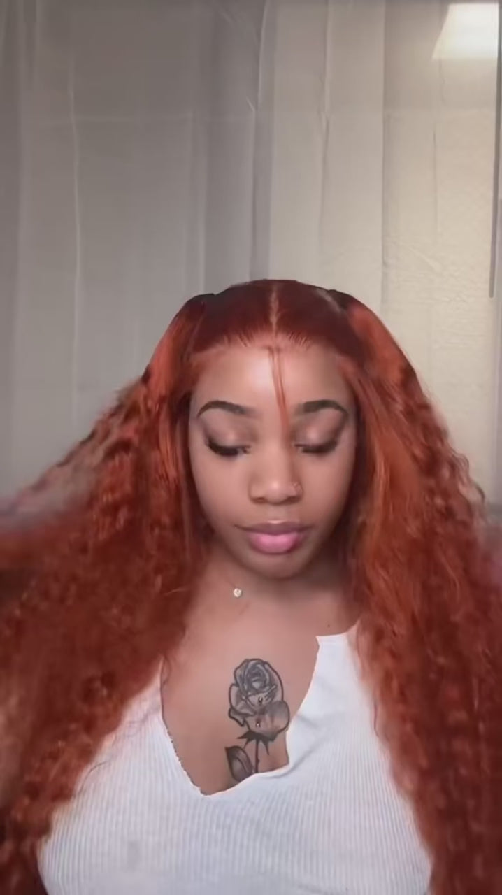 Orange colored Water wave 13x6 hd lace frontal human hair wig Preplucked deep wave 30 inch ginger lace front curly wigs on sale Main image