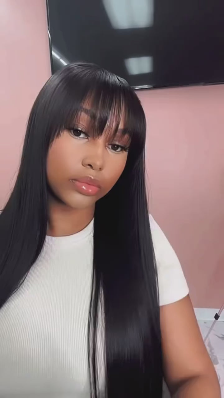 Bone Straight Cheap Wigs 180 Density Full Machine Made Human Hair Wig With Bangs On Clearance Sale Wigs For Women Wholesale BPHW