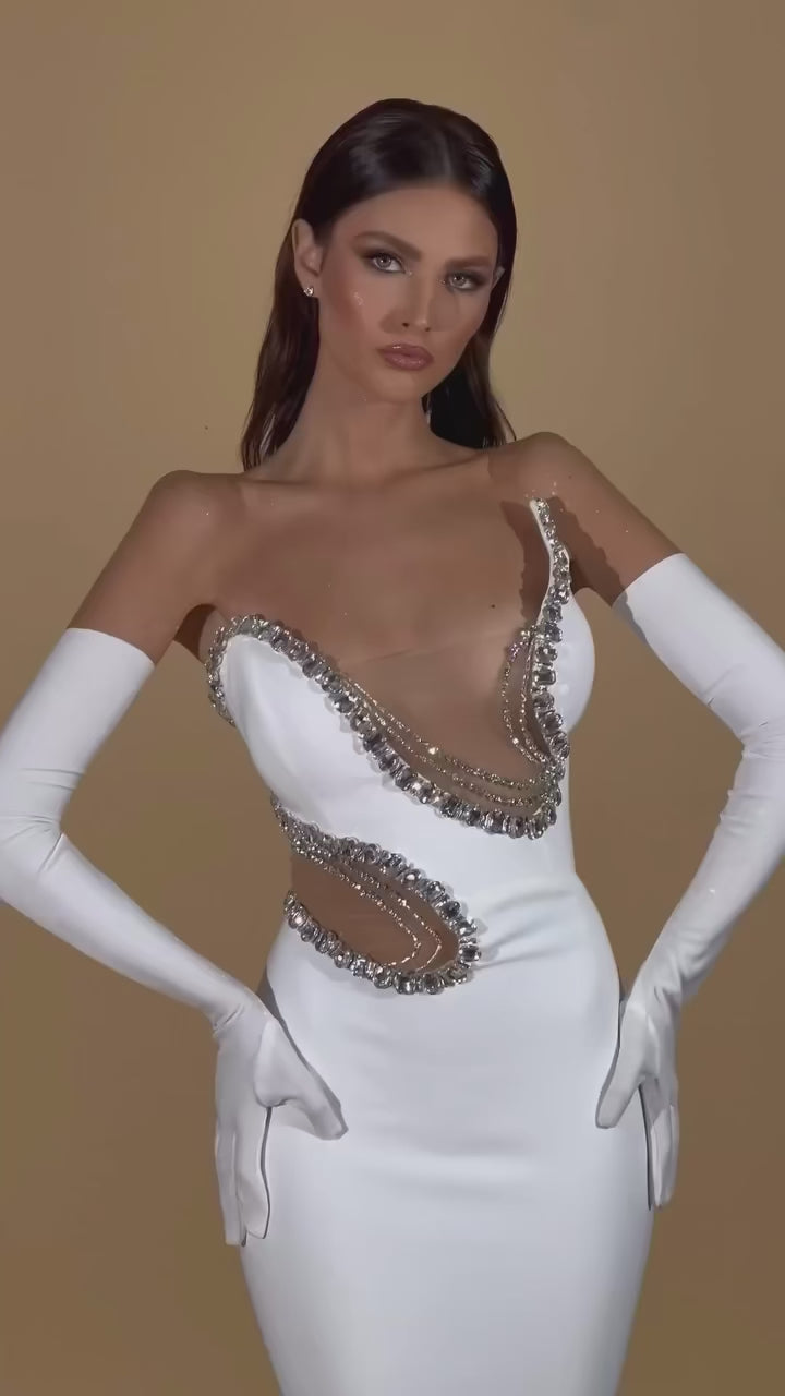 Women Mermaid Sexy White Sleeveless Bandage Long Dress Mesh Backless Strapless Diamonds Bodycon Party Evening Wedding Gowns